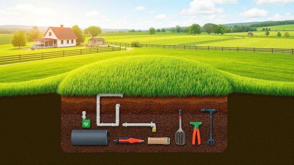 A serene rural landscape with a cross-section illustration of a septic system beneath a lush green lawn, highlighting its components and maintenance tools.