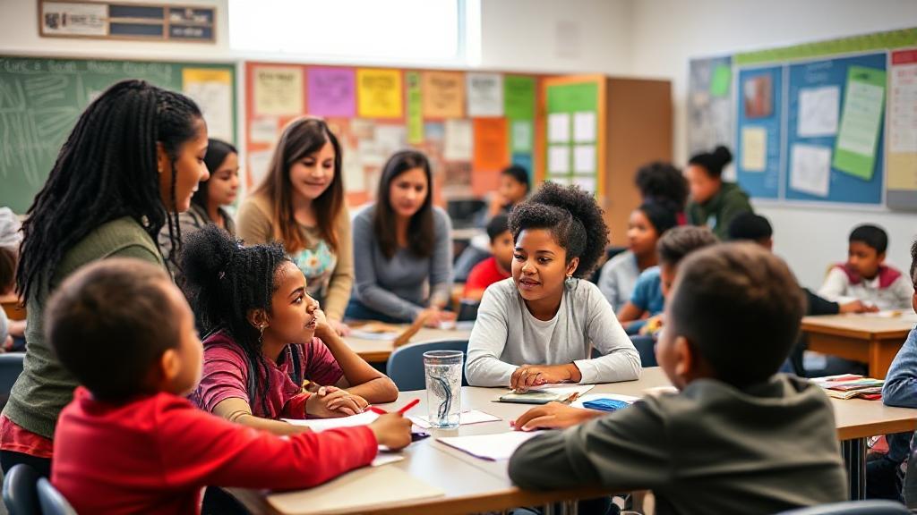 A diverse group of teachers engaging with enthusiastic students in a vibrant classroom setting.