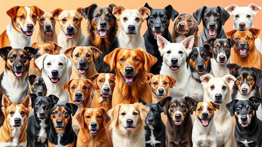 A vibrant collage showcasing a diverse array of dog breeds from around the world, highlighting their unique features and colors.