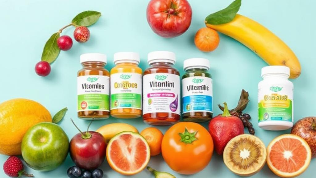 A vibrant assortment of multivitamin bottles and fresh fruits arranged on a clean, bright surface, symbolizing health and informed choices.
