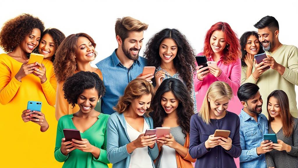 A vibrant collage of diverse couples joyfully interacting with digital devices, symbolizing connection and love in the digital age.