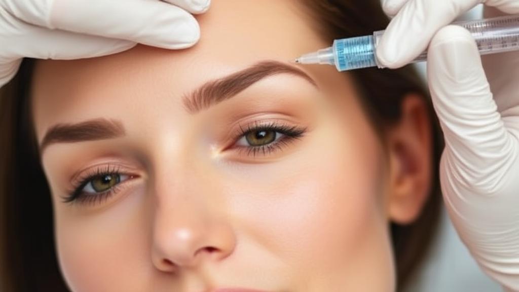 A close-up image of a serene woman receiving a Botox injection in her forehead, symbolizing relief from migraine pain.