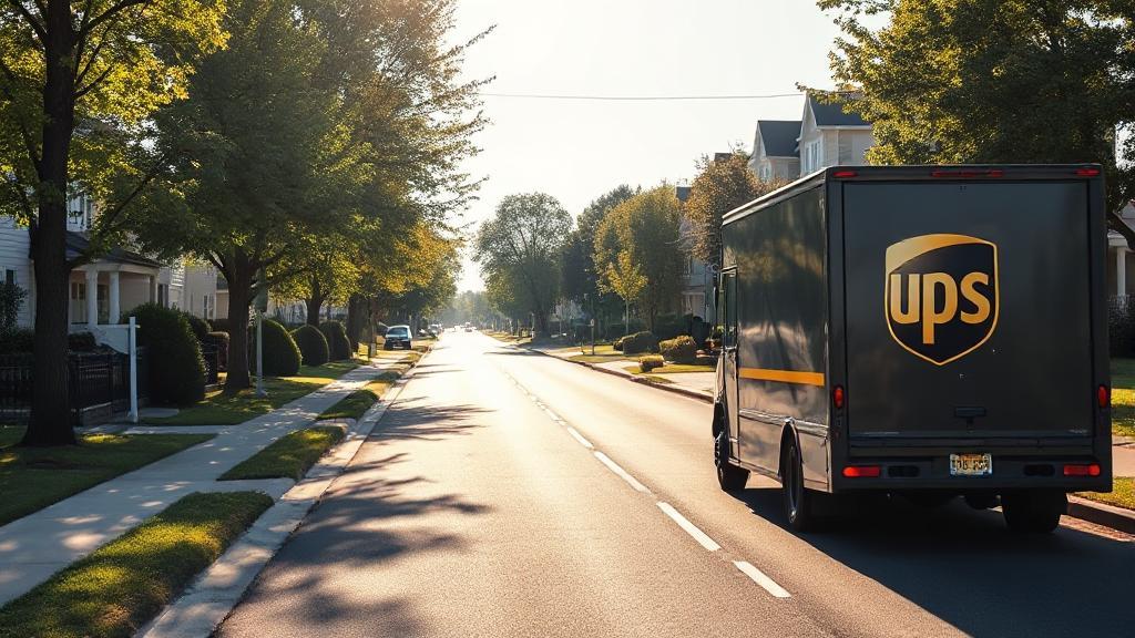 A delivery truck parked on a quiet suburban street on a sunny Sunday morning, with a UPS logo prominently displayed.