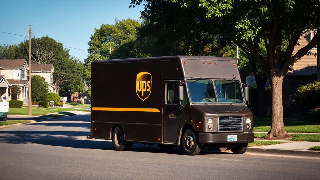 A UPS delivery truck parked on a quiet suburban street on a sunny Sunday morning.