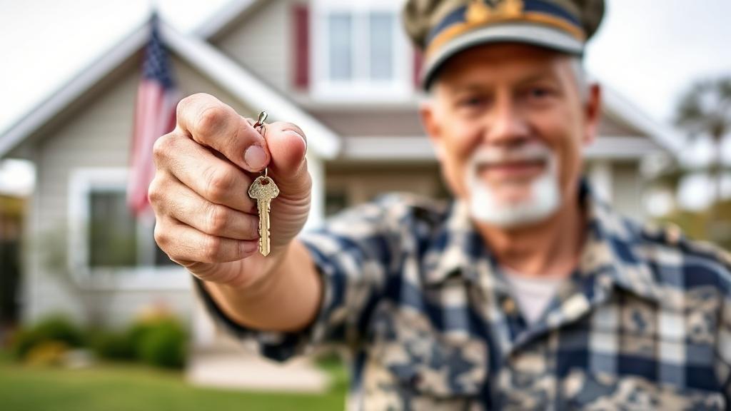 A header image featuring a military veteran holding a house key, with a backdrop of a cozy home and an American flag, symbolizing the reusability of VA loans for homeownership.
