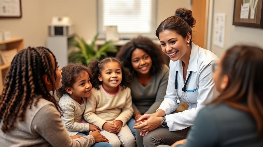 A compassionate Family Nurse Practitioner attentively consults with a diverse family in a warm, welcoming clinic setting.