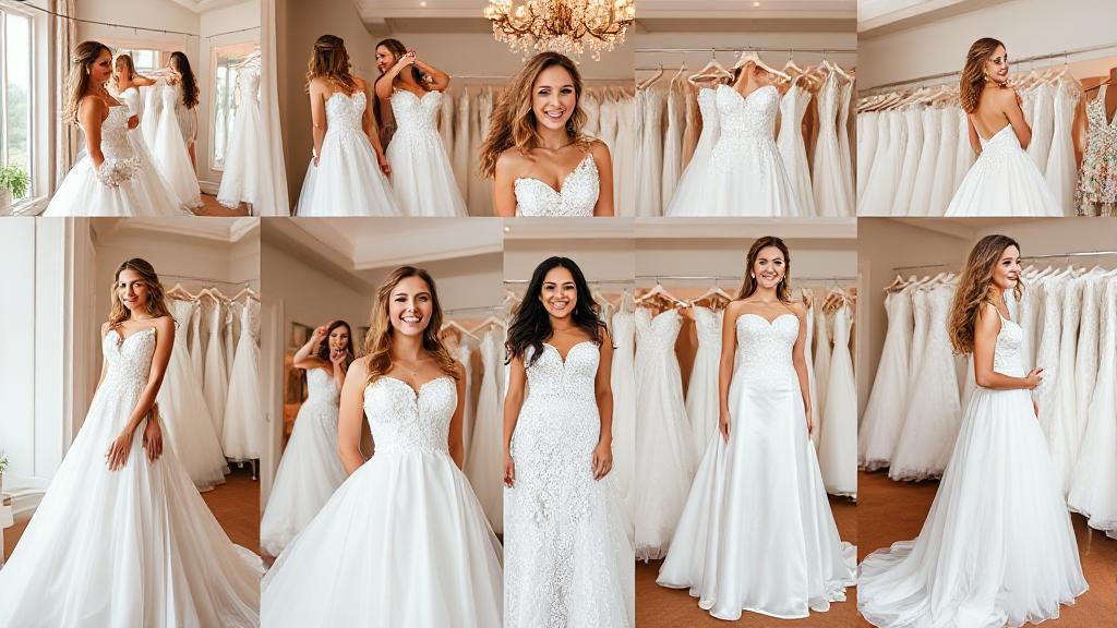 A collage of brides joyfully trying on wedding dresses in a chic bridal boutique setting.