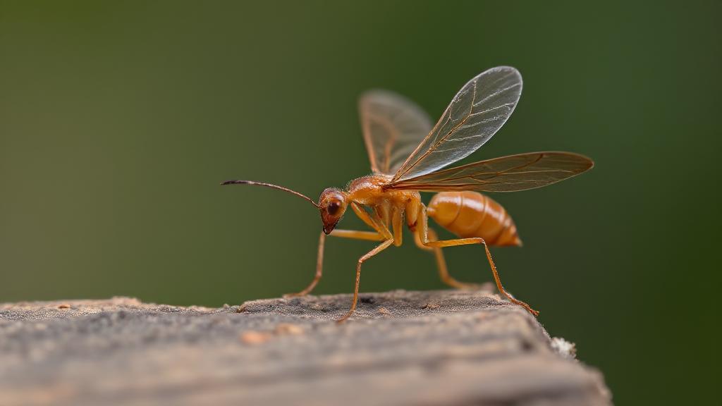 A close-up image of a winged termite alighting from a wooden surface, highlighting its delicate, translucent wings against a blurred natural background.