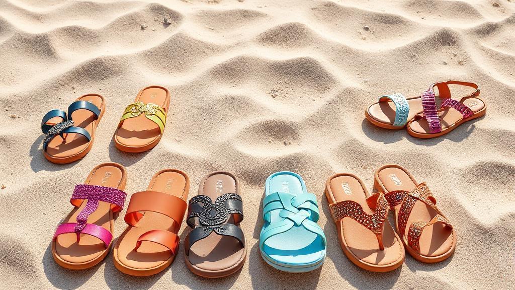 A vibrant display of various stylish sandals arranged on a sandy beach background, highlighting different colors and designs.
