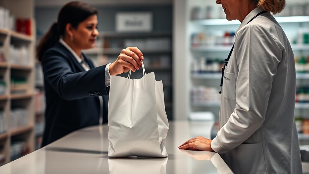 A discreet and professional image of a pharmacy counter with a pharmacist handing a prescription bag to a customer.