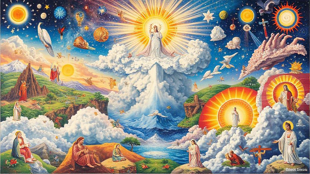 A vibrant collage depicting diverse interpretations of heaven, featuring celestial landscapes, spiritual symbols, and cultural motifs from various religions.
