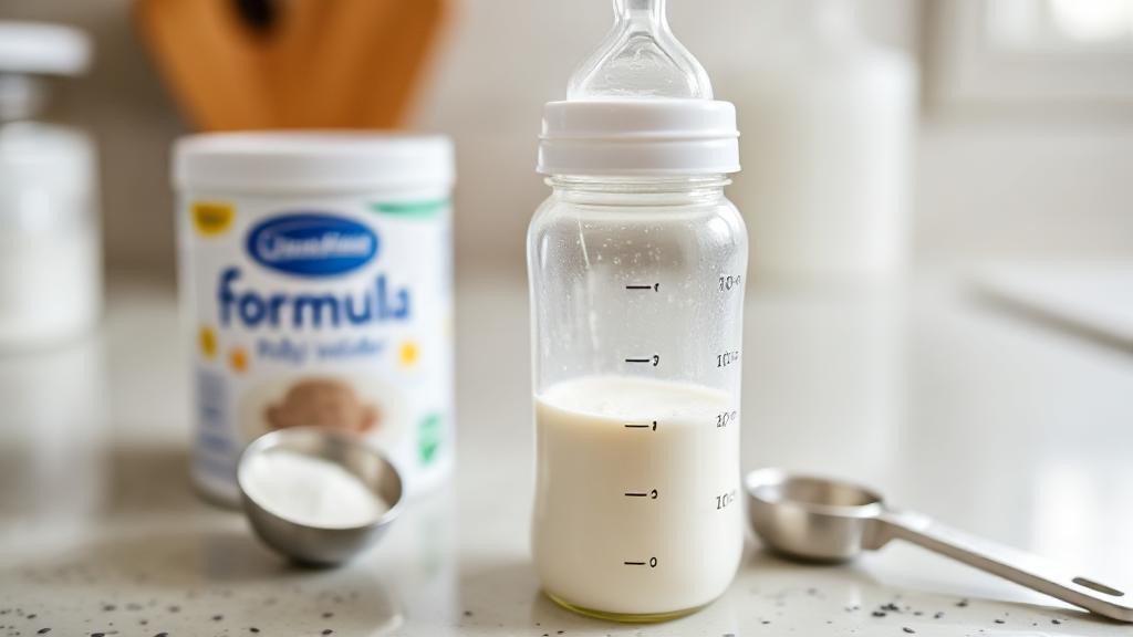 A close-up image of a baby bottle filled with prepared powdered formula, placed on a kitchen counter next to a container of formula powder and a measuring scoop.