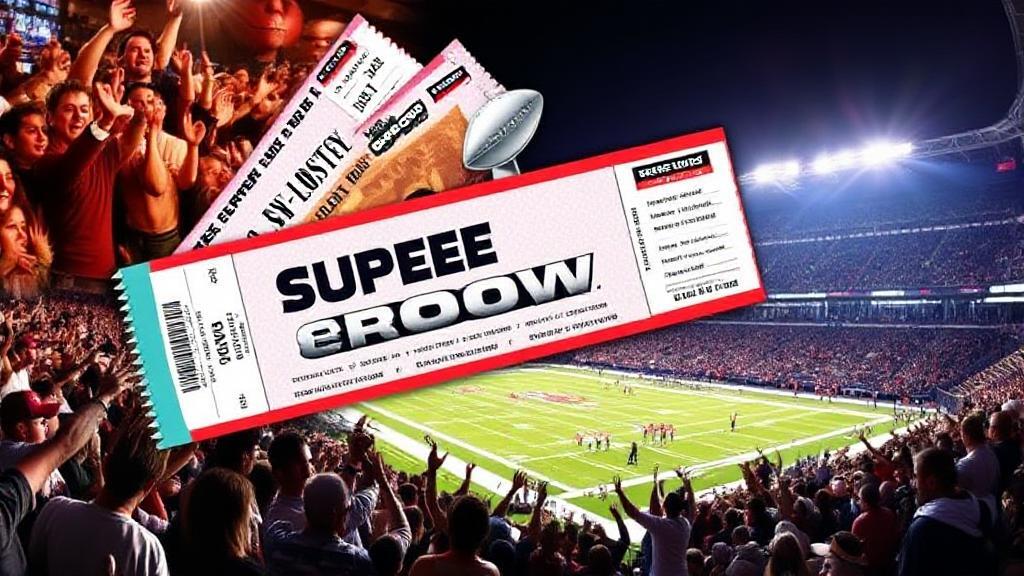 A vibrant collage of Super Bowl tickets, fans cheering, and a football stadium under bright lights, capturing the excitement and anticipation of the big game.