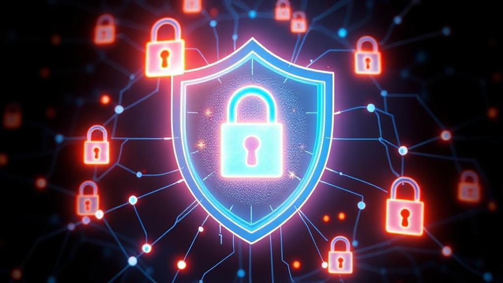 A digital shield icon surrounded by glowing padlocks and network lines, symbolizing online privacy and security.