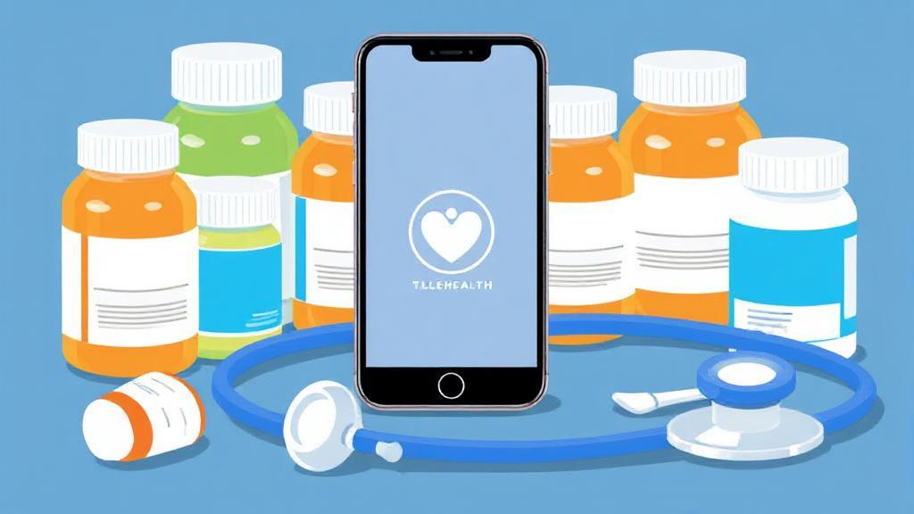 A digital illustration of a smartphone displaying a telehealth app, surrounded by prescription medication bottles and a stethoscope.