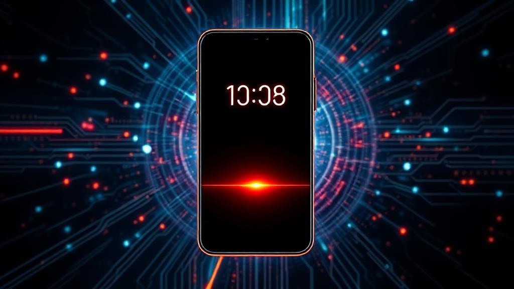 A sleek, futuristic smartphone silhouette with a glowing countdown timer set against a dynamic, tech-inspired background.