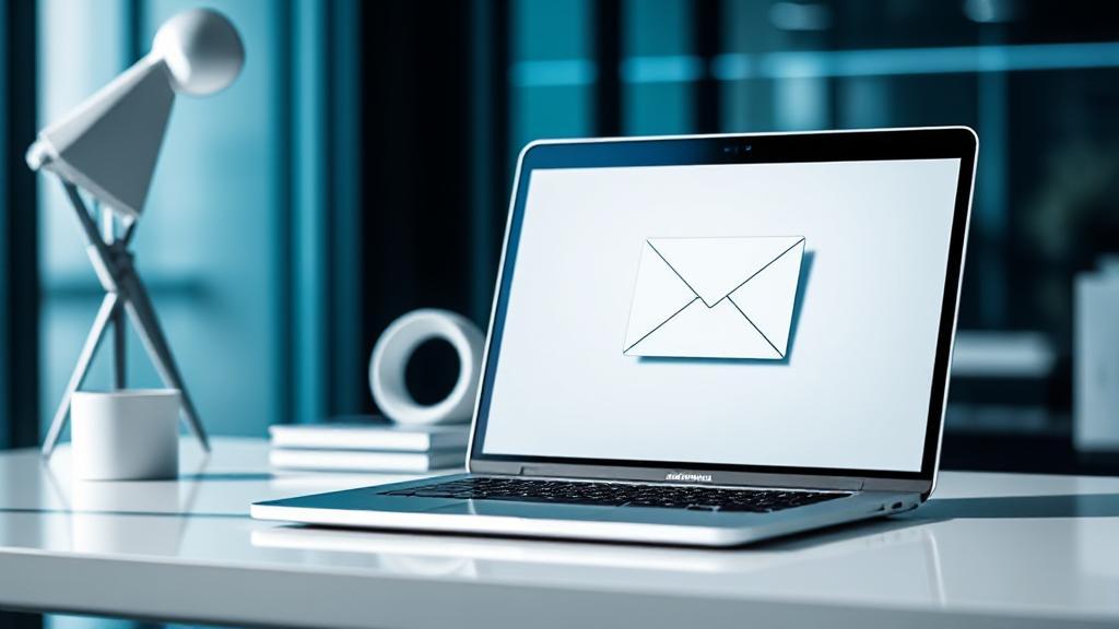 A sleek and modern workspace with a laptop displaying an email inbox, symbolizing professionalism and digital communication.