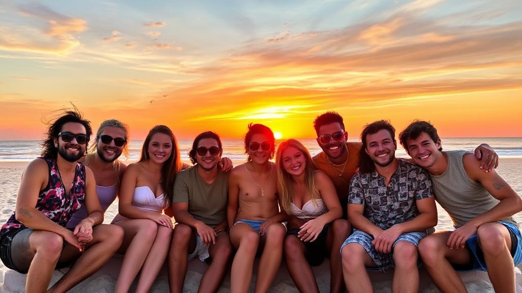 A vibrant collage of the Jersey Shore cast enjoying a beachside sunset, capturing the essence of their family vacation.