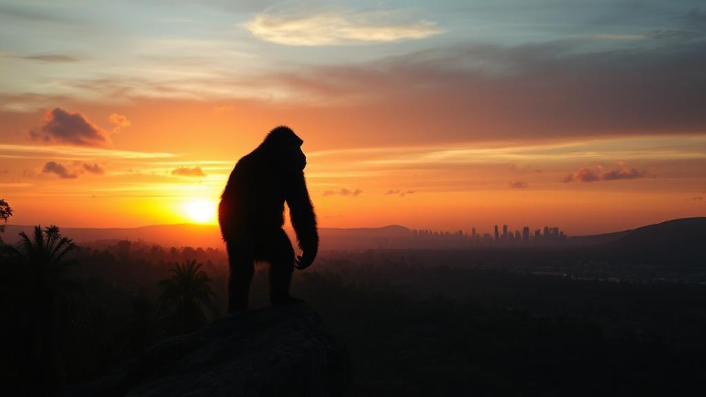 A dramatic sunset over a dense jungle with a silhouette of an ape standing on a cliff, gazing at a distant city skyline.