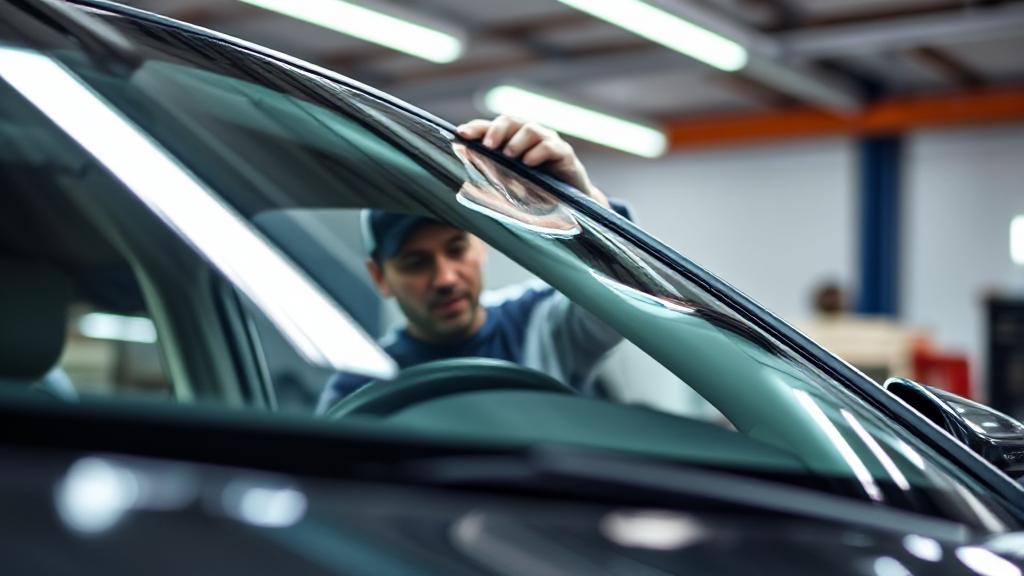 A close-up image of a technician carefully installing a new windshield on a car in a well-lit garage.