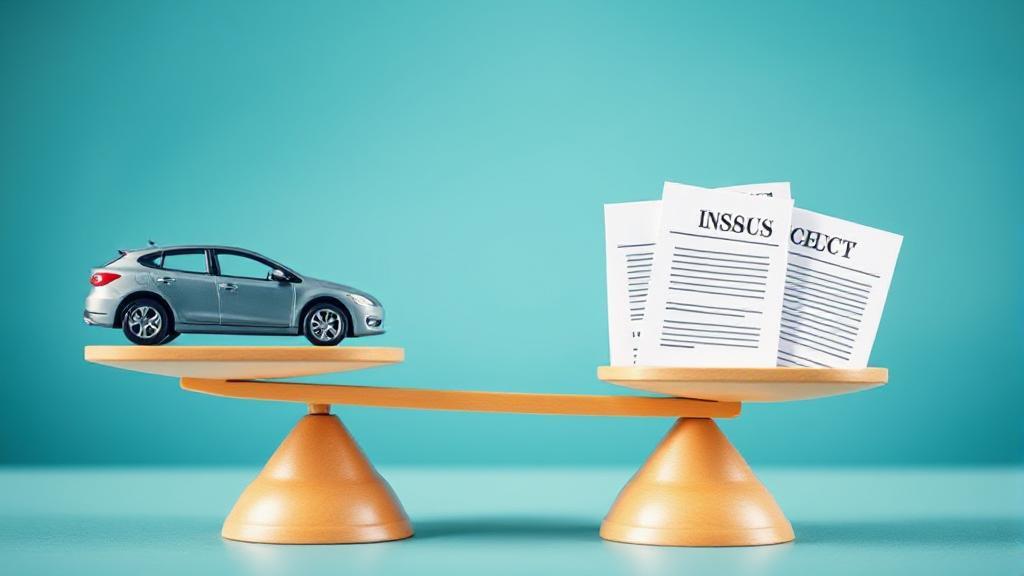 A balanced scale with a car on one side and insurance documents on the other, symbolizing the decision-making process in selecting car insurance limits.