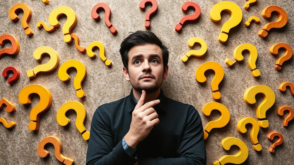 A thoughtful person surrounded by question marks, symbolizing the exploration of "Does It" questions and their broader implications.