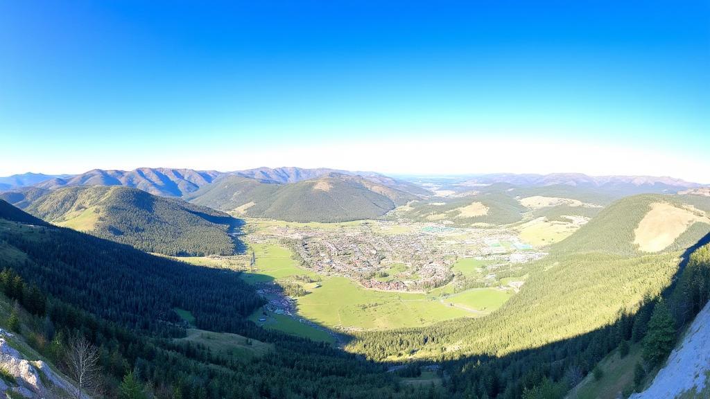 A panoramic view of Deer Valley's lush landscapes and popular attractions under a clear blue sky.