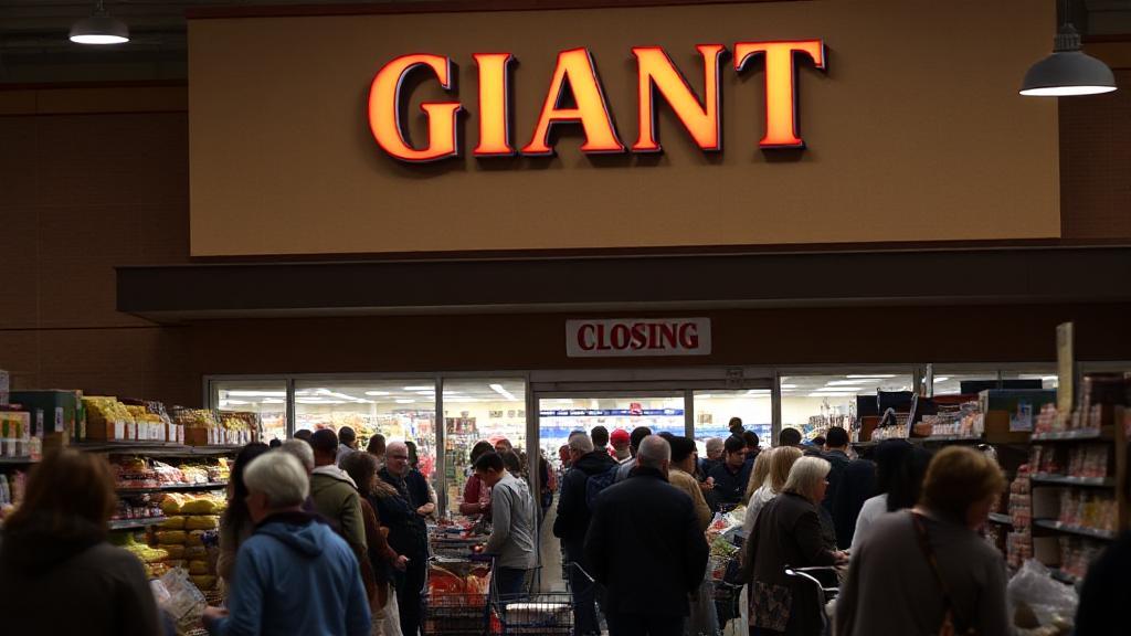 A bustling Giant store with a "Closing Soon" sign, shoppers making last-minute purchases under dimming lights.
