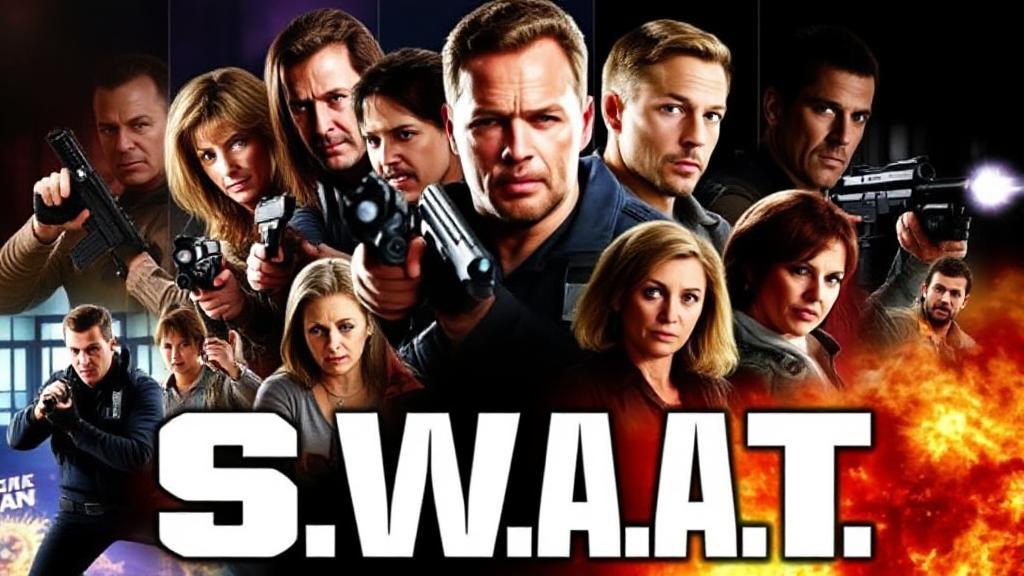 A dynamic collage of action-packed scenes featuring the main characters from each season of the S.W.A.T. TV series.