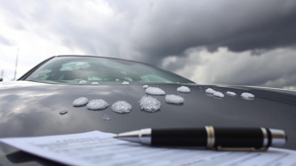 A car with visible hail damage parked under a stormy sky, with insurance documents and a pen in the foreground.