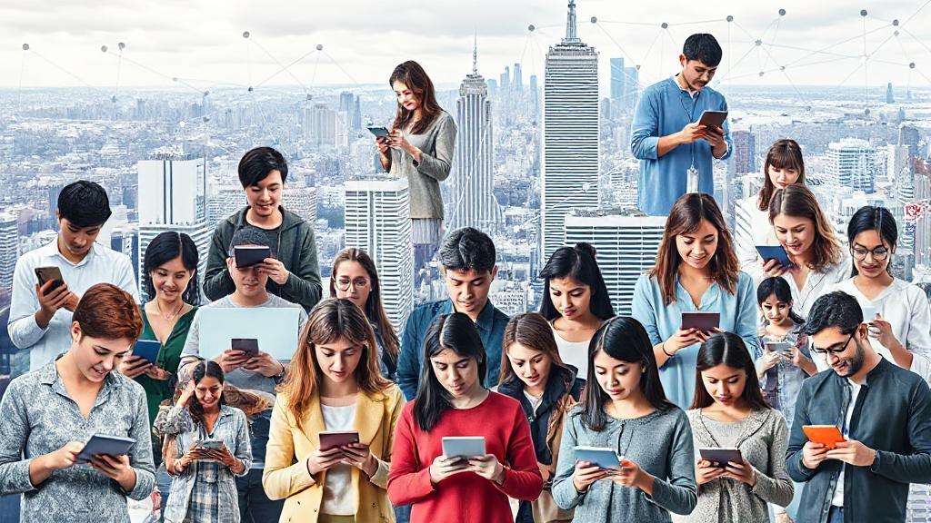 A collage of diverse people using various digital devices, set against a backdrop of a cityscape with interconnected network lines.
