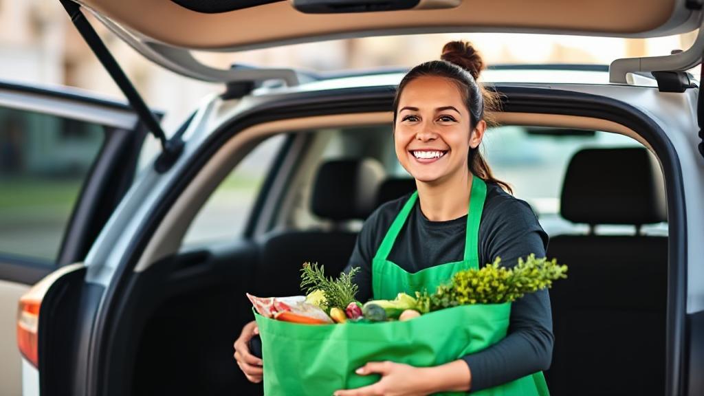 A dynamic image of a smiling Instacart shopper loading groceries into their car, symbolizing the earning opportunities and flexibility of the job.