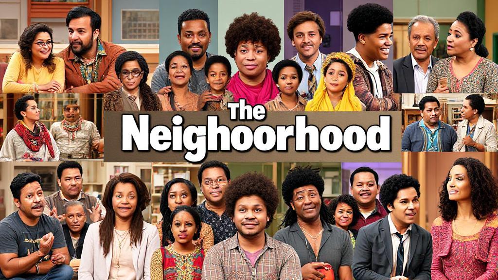 A vibrant collage of scenes and characters from "The Neighborhood" TV show, highlighting its comedic and diverse cast.