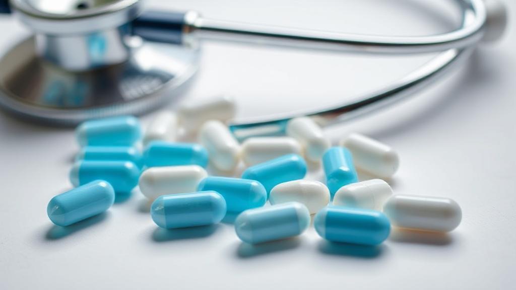 A close-up image of doxycycline capsules scattered on a white surface, with a stethoscope in the background.