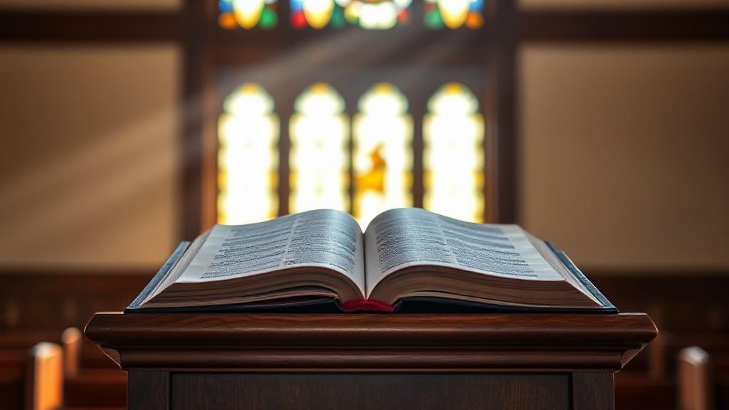 A serene image of an open Bible on a wooden pulpit, bathed in soft, natural light streaming through a stained glass window.