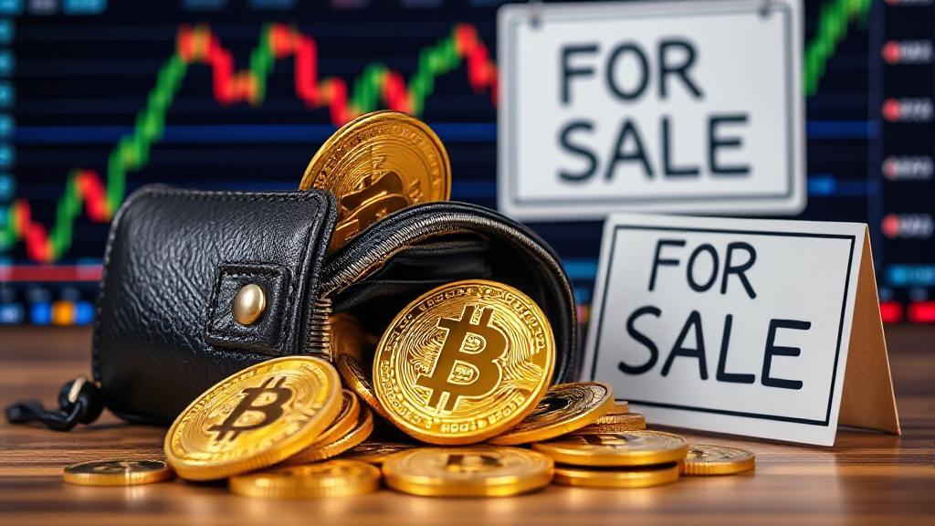 A digital wallet with bitcoins spilling out, set against a backdrop of fluctuating market graphs and a "For Sale" sign.