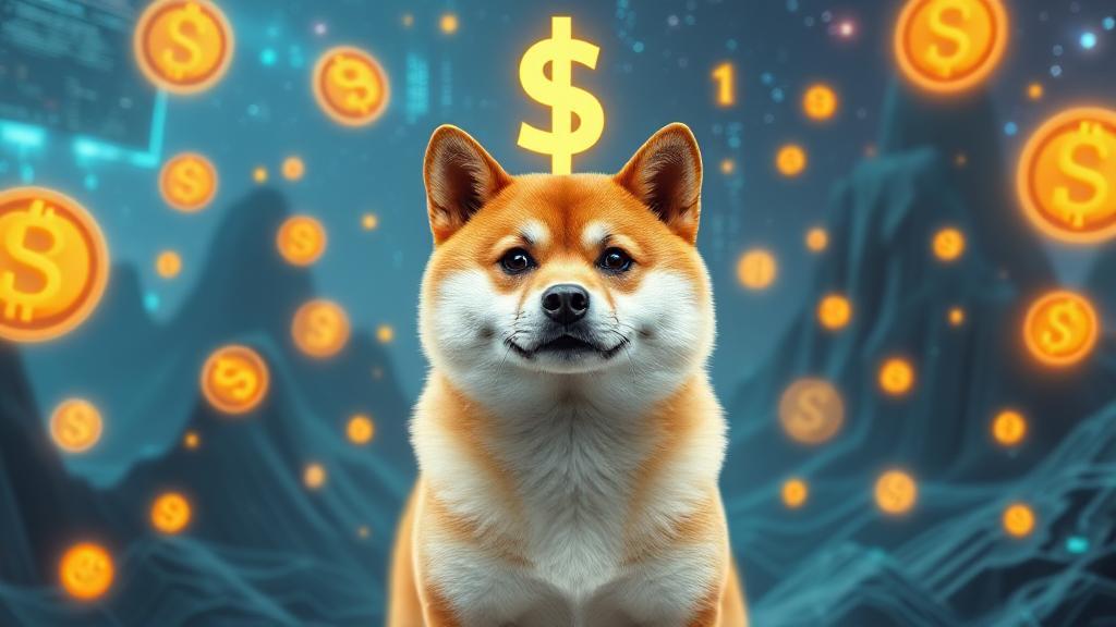 A futuristic digital landscape featuring a Shiba Inu dog surrounded by floating cryptocurrency symbols and a prominent $1 mark.
