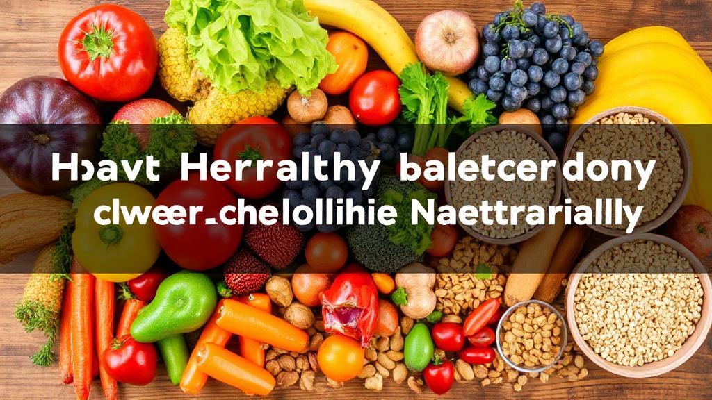 A vibrant assortment of fresh fruits, vegetables, whole grains, and nuts arranged on a wooden table, symbolizing heart-healthy eating for lowering cholesterol naturally.