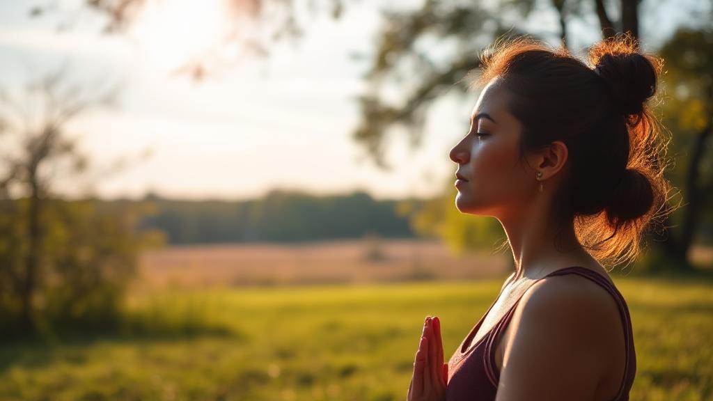A serene scene of a person practicing deep breathing outdoors, surrounded by calming nature.