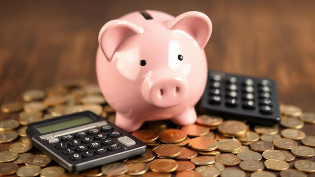 A serene image of a piggy bank surrounded by coins and a calculator, symbolizing financial planning and savings.
