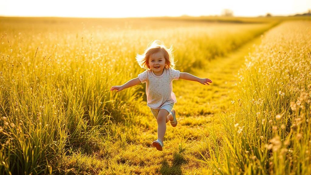 A hopeful child running freely through a sunlit meadow, symbolizing the possibility of outgrowing asthma.