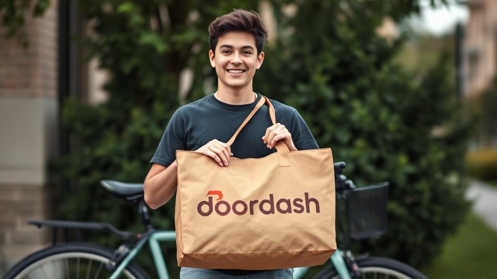 A young adult holding a DoorDash delivery bag, standing confidently in front of a bicycle, ready to start their first delivery job.