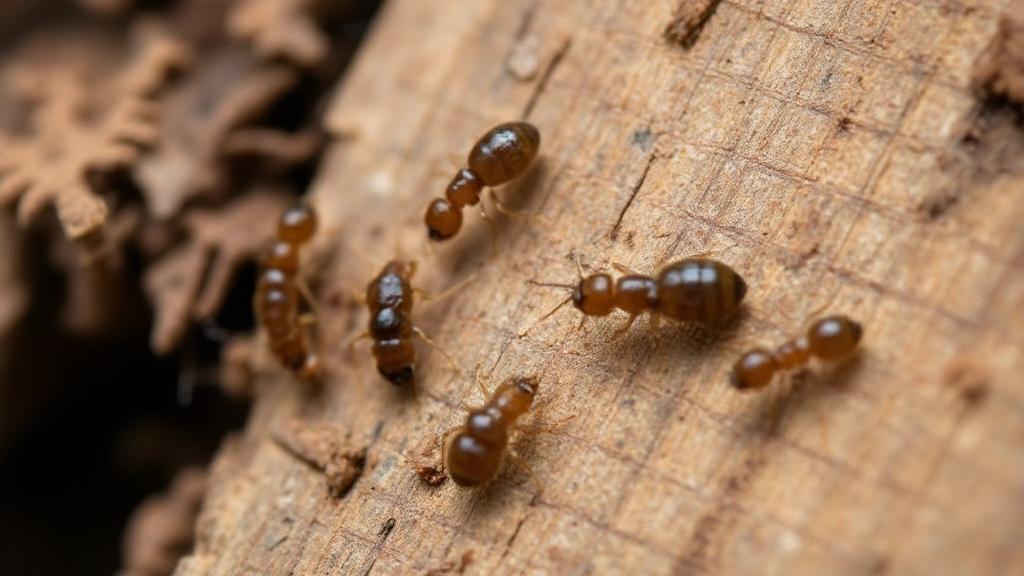 A close-up image of termites on a wooden surface, highlighting their intricate details and potential damage to home structures.