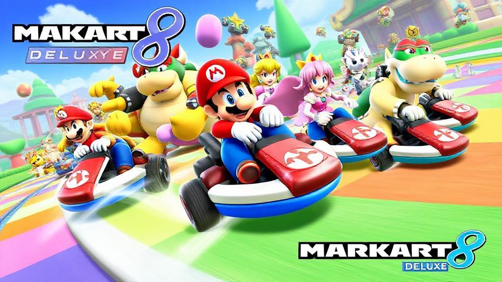 A vibrant collage of Mario Kart 8 Deluxe characters racing on a colorful track, showcasing fan favorites like Mario, Peach, and Bowser in dynamic action.