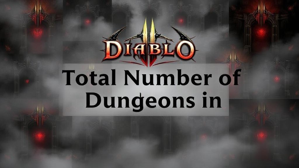 A dramatic collage of Diablo IV dungeon entrances shrouded in mist, with a bold title overlay reading "Total Number of Dungeons in Diablo IV."