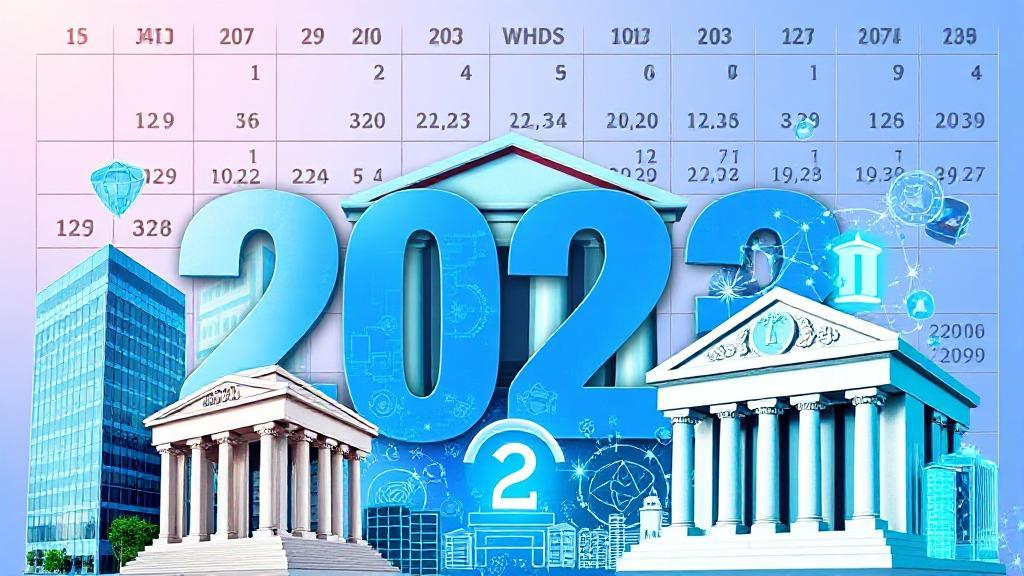 A collage of modern bank buildings and digital banking icons set against a backdrop of a 2023 calendar.