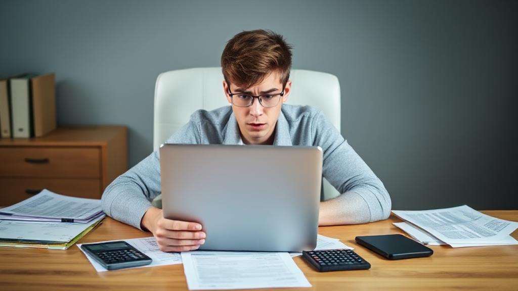 A young adult sitting at a desk with a laptop, surrounded by tax documents and a calculator, looking focused and slightly anxious.