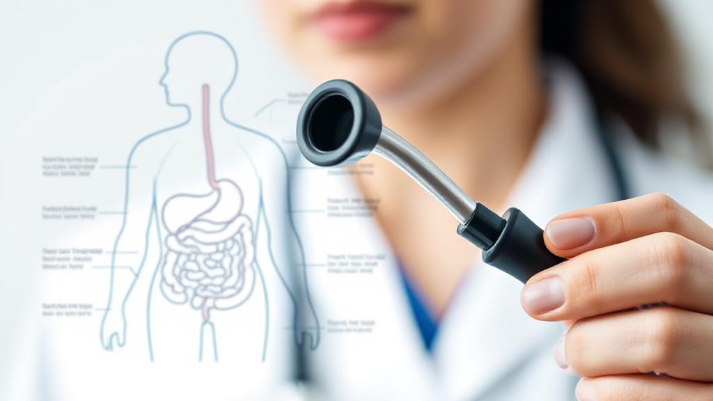 A close-up image of a medical professional holding a colonoscope, with a diagram of the human digestive system in the background.