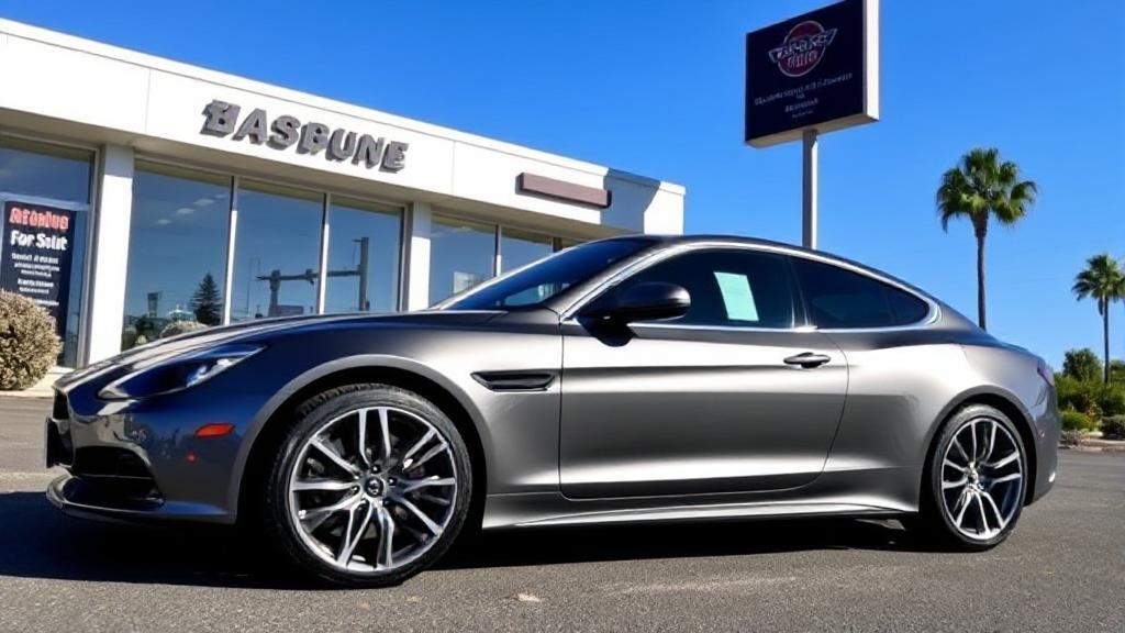 A sleek car parked in front of a dealership, with a "For Sale" sign in the window, under a clear blue sky.