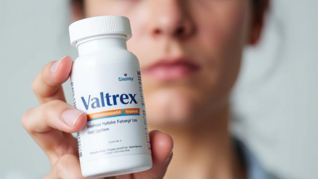 A close-up image of a person holding a Valtrex pill bottle, with a questioning expression, symbolizing uncertainty about medication dosage.